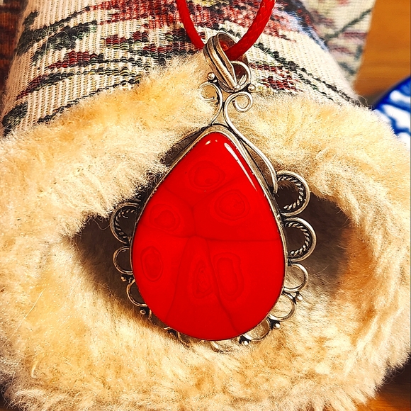 Esquisite, Vivid Red, Teardrop-Shape Fossil Coral Pendnt. Has A Victorian-Style - Picture 2 of 6